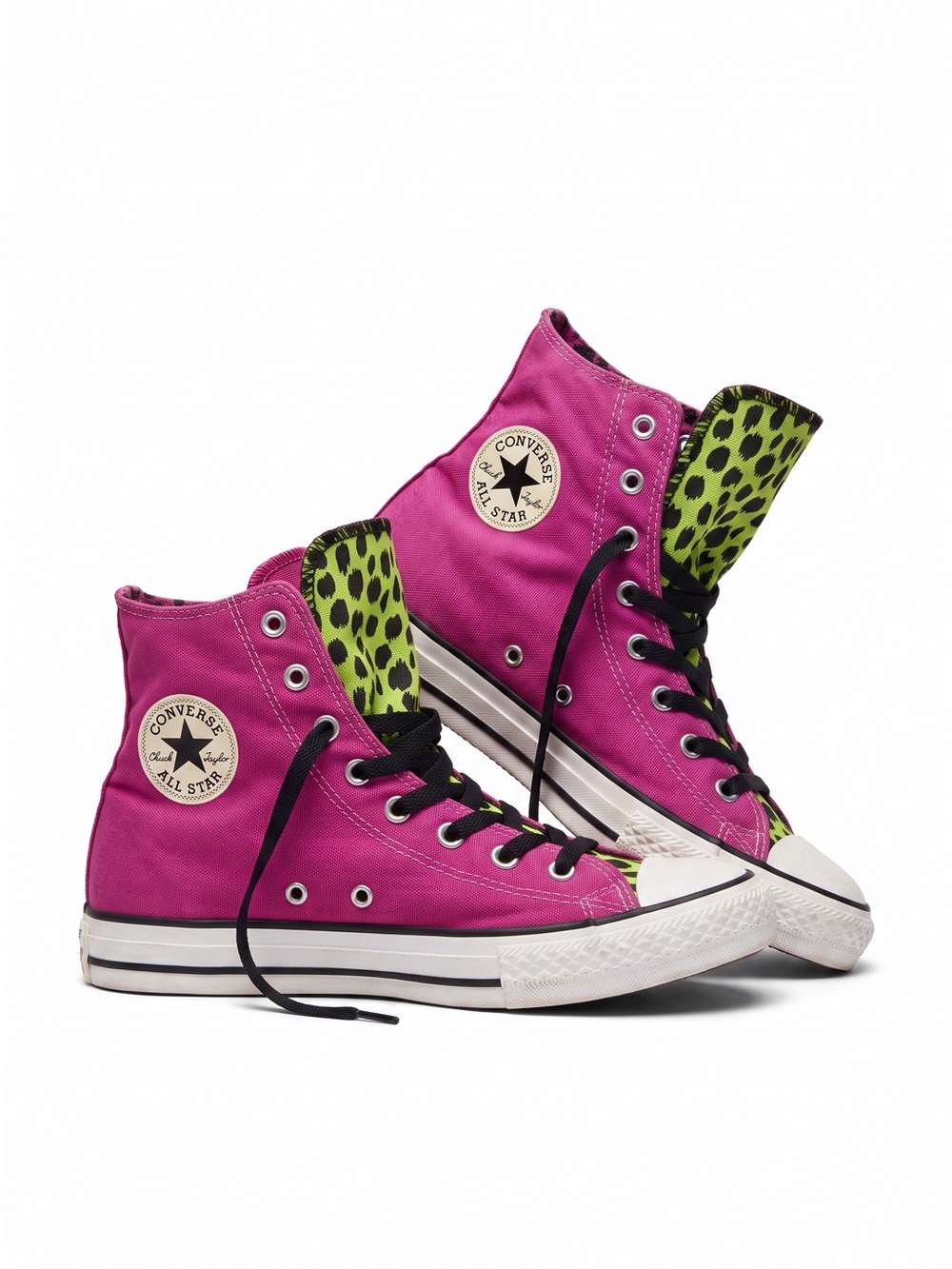 Converse All Star High-Top Sneakers in Magenta with Green Leopard Lining